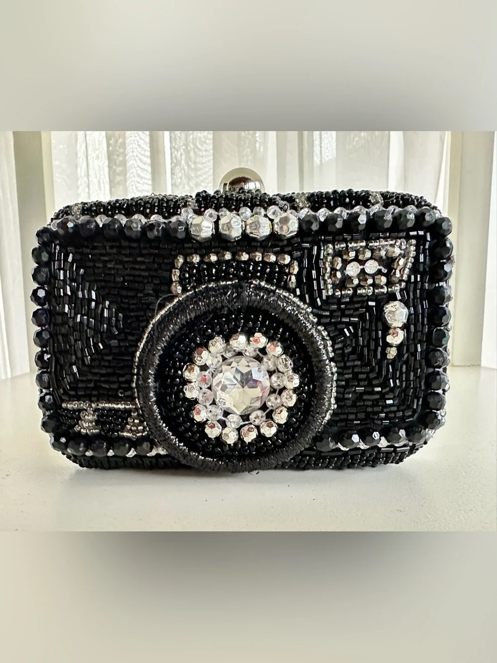 📸 Black Beaded Camera Clutch with Crystal Accents from India to you! NWT